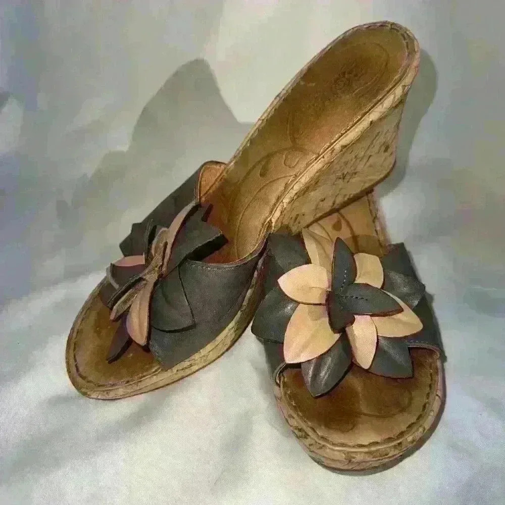 Born B08104 Flower Brown Leather Slip On Cork Wedge Slide Sandals Women's Size 8